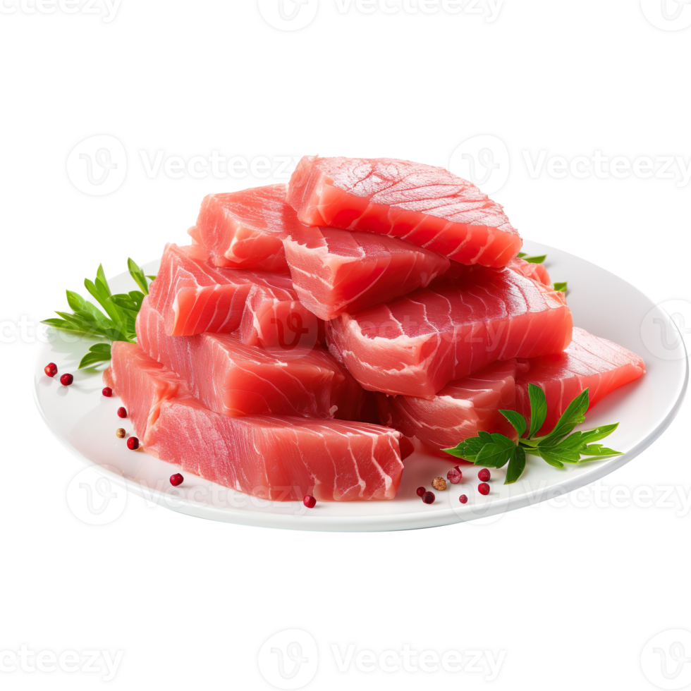 plate of raw tuna meat fillet isolated on transparent background png