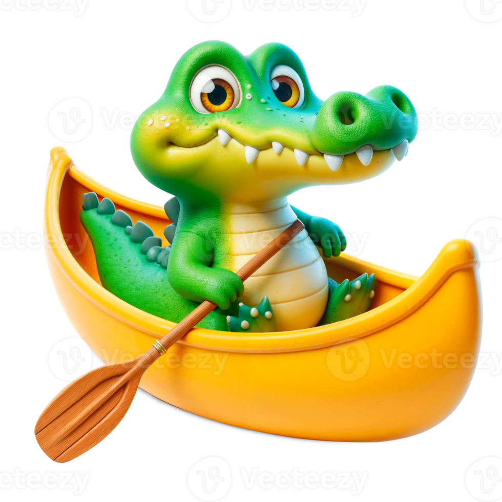Cute crocodile paddling canoe isolated on transparent background png