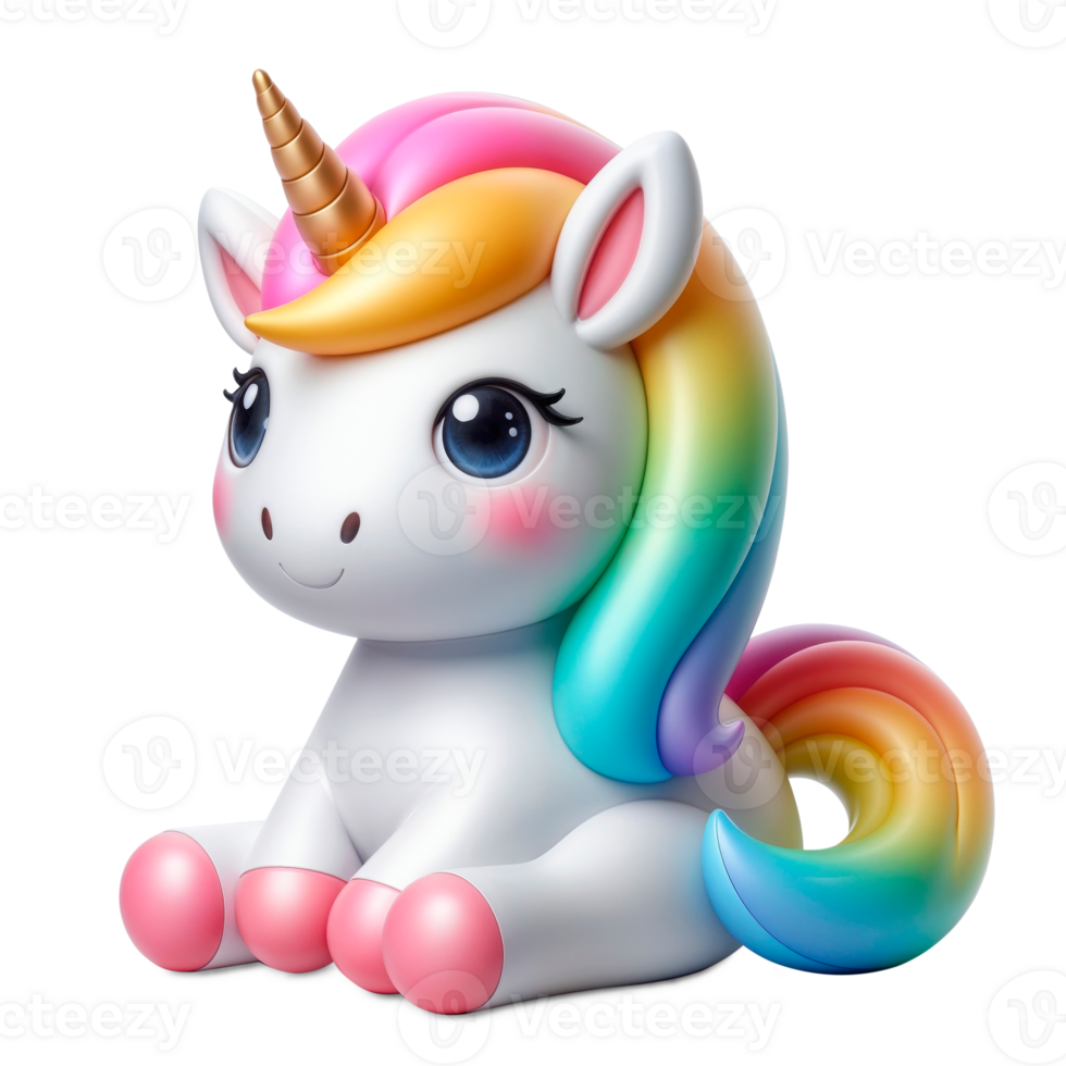 Adorable 3d rendered unicorn with rainbow mane and tail, sitting and smiling, isolated on transparent background png