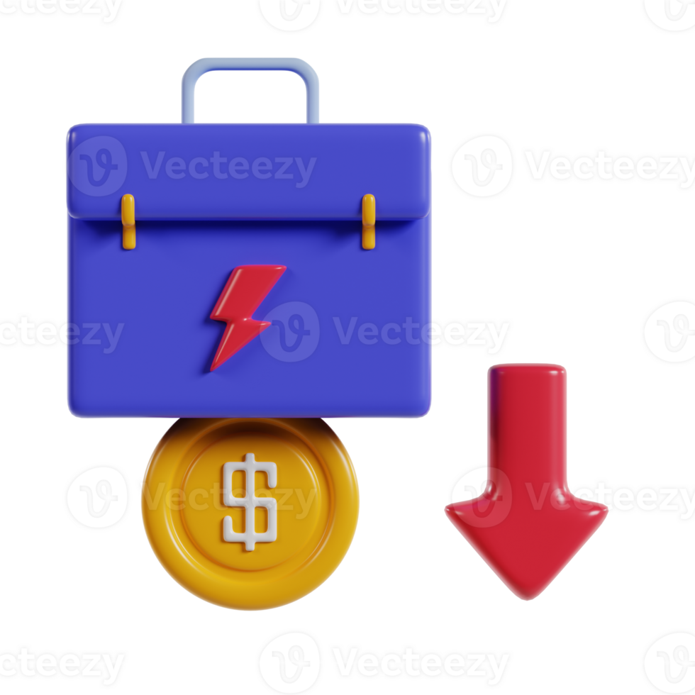 A graphic representation of a briefcase, dollar coin, and downward arrow, symbolizing financial decline. png