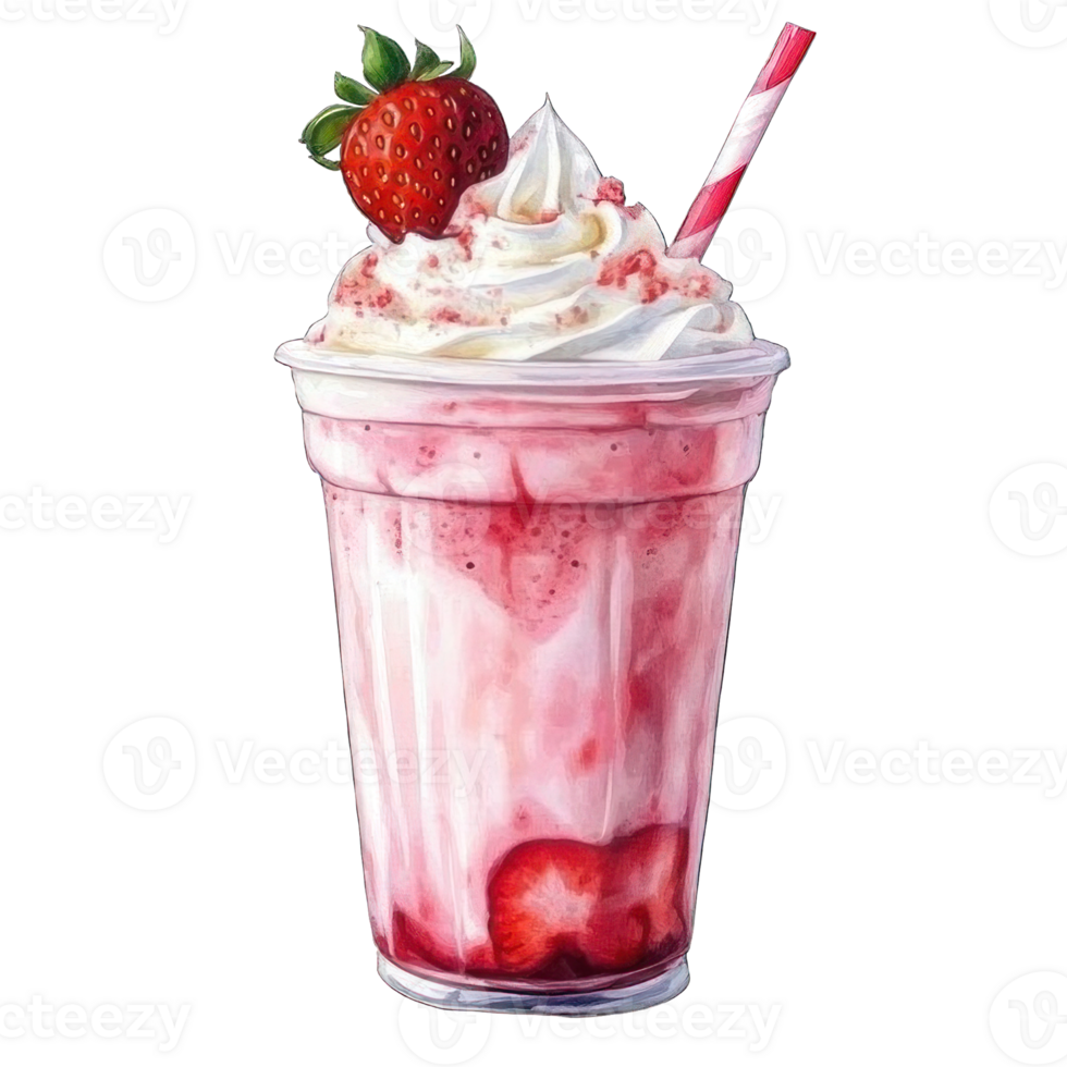 Collection of . Watercolor painting of a strawberry milkshake with whipped cream and a strawberry on top, isolated on a transparency background. png