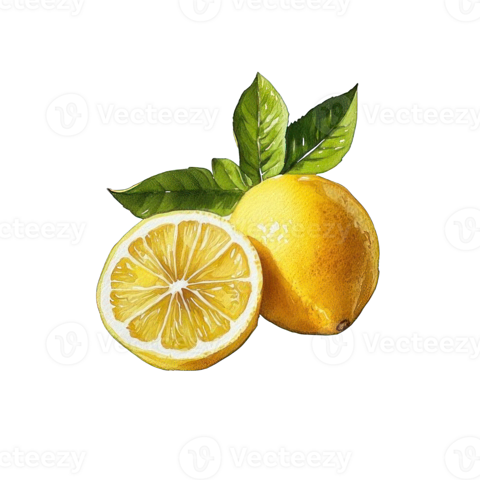 Collection of . Watercolor painting of a sliced lemon with leaves, isolated on a transparency background. png