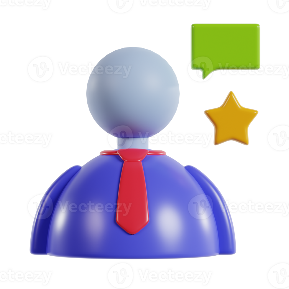 A 3D representation of a user icon with a speech bubble and star, symbolizing feedback or recognition. png