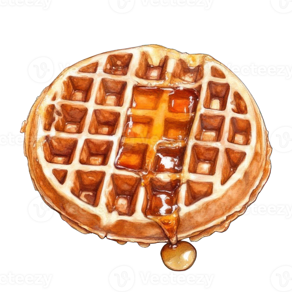 Collection of . Watercolor painting of single golden waffle with a generous drizzle of syrup, isolated on a transparency background. png