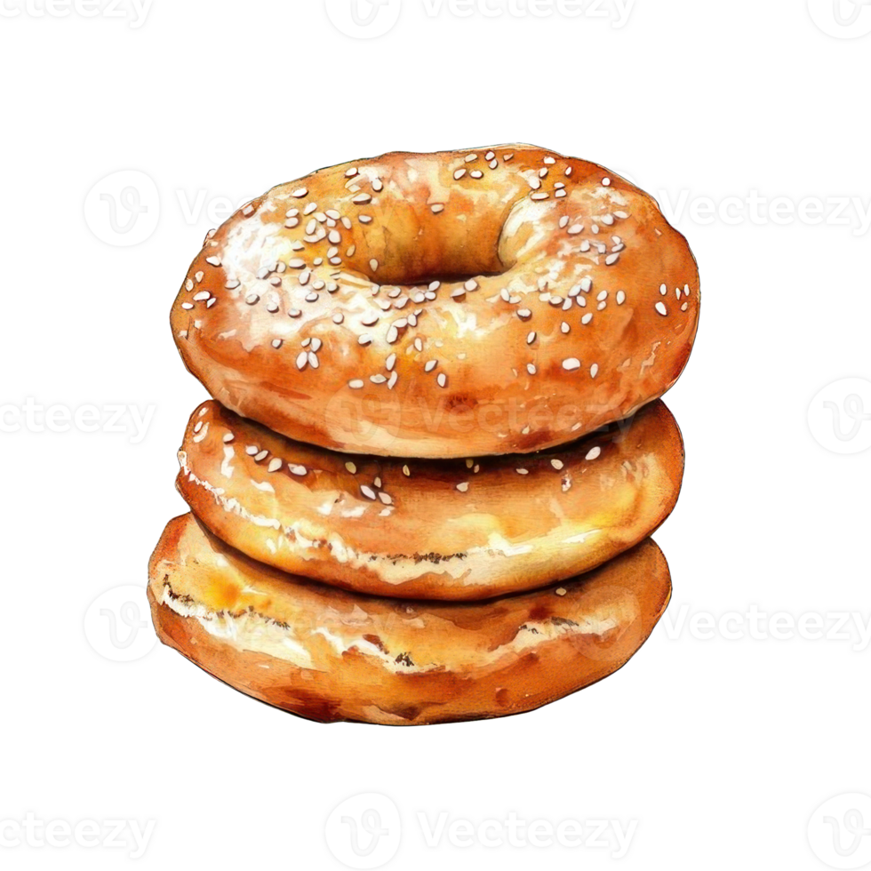 Collection of . Watercolor painting of stack of freshly baked bagels with sesame seeds, isolated on a transparency background. png