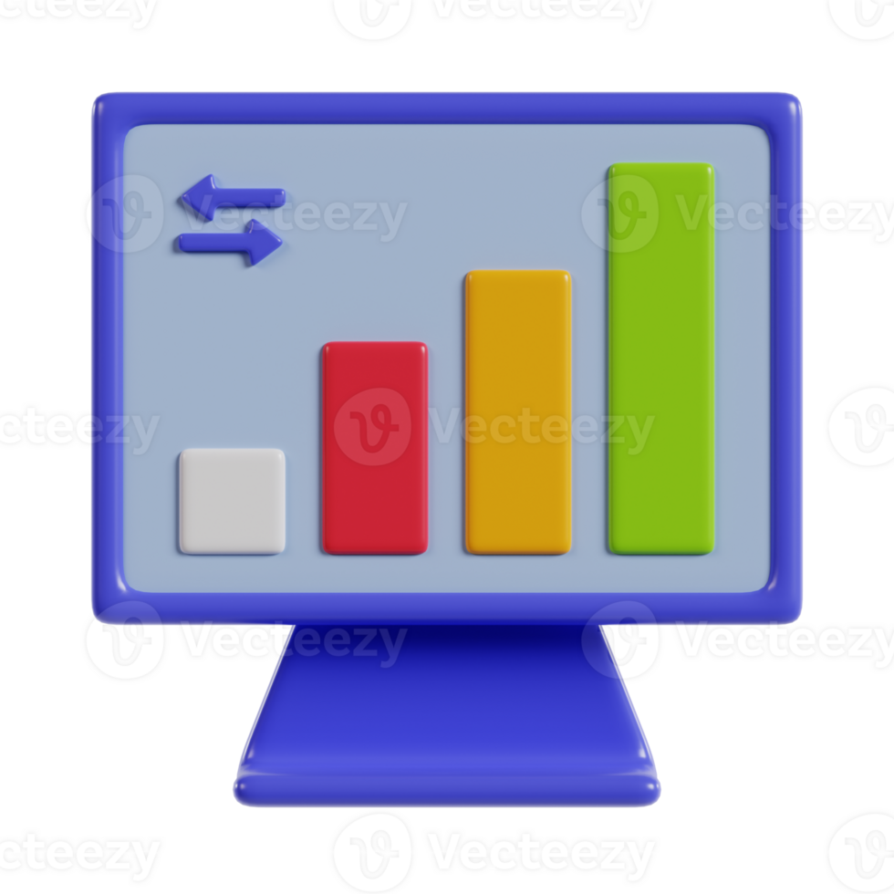 A stylized computer monitor displaying a bar graph with varying heights and colors. png