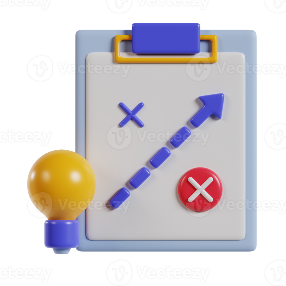 A 3D illustration of a clipboard with a strategy chart and a light bulb, symbolizing ideas. png
