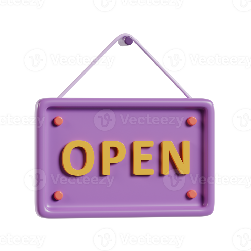 A purple open sign with yellow letters, indicating a business is welcoming customers. png