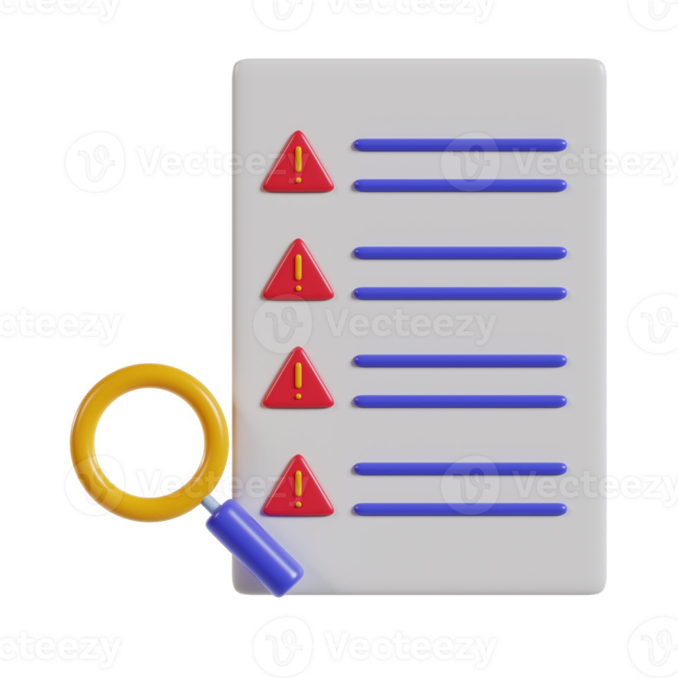 A checklist with warning symbols and a magnifying glass, indicating a review process. png