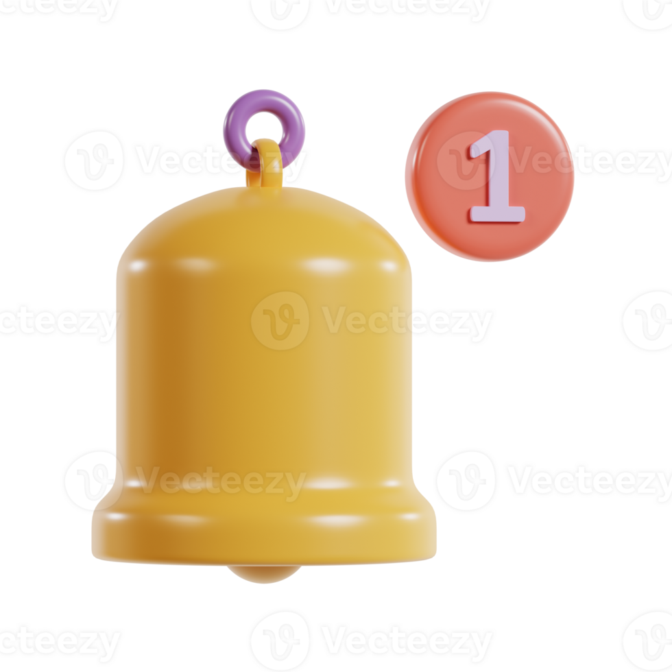 A bright yellow bell with a purple loop and a red notification number one icon. png