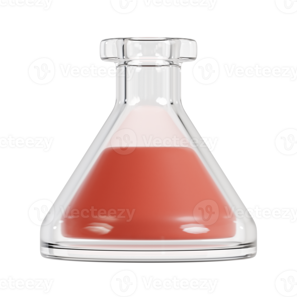 A glass laboratory flask containing a reddish liquid, likely for scientific experiments. png
