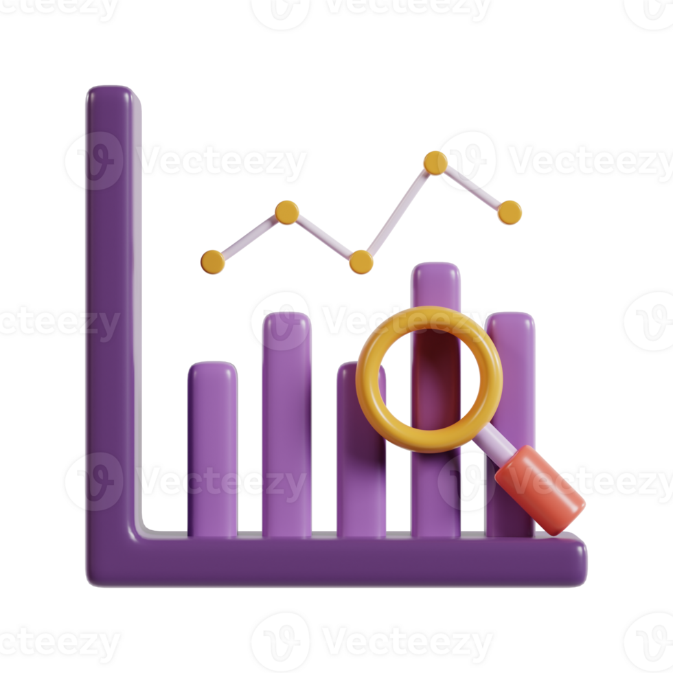 A stylized bar graph with a magnifying glass, representing data analysis and trends. png