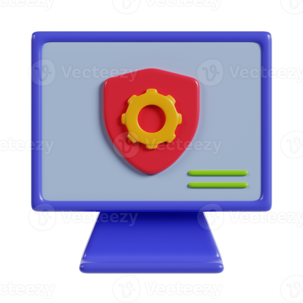 A stylized computer monitor featuring a shield and gear icon, symbolizing cybersecurity. png