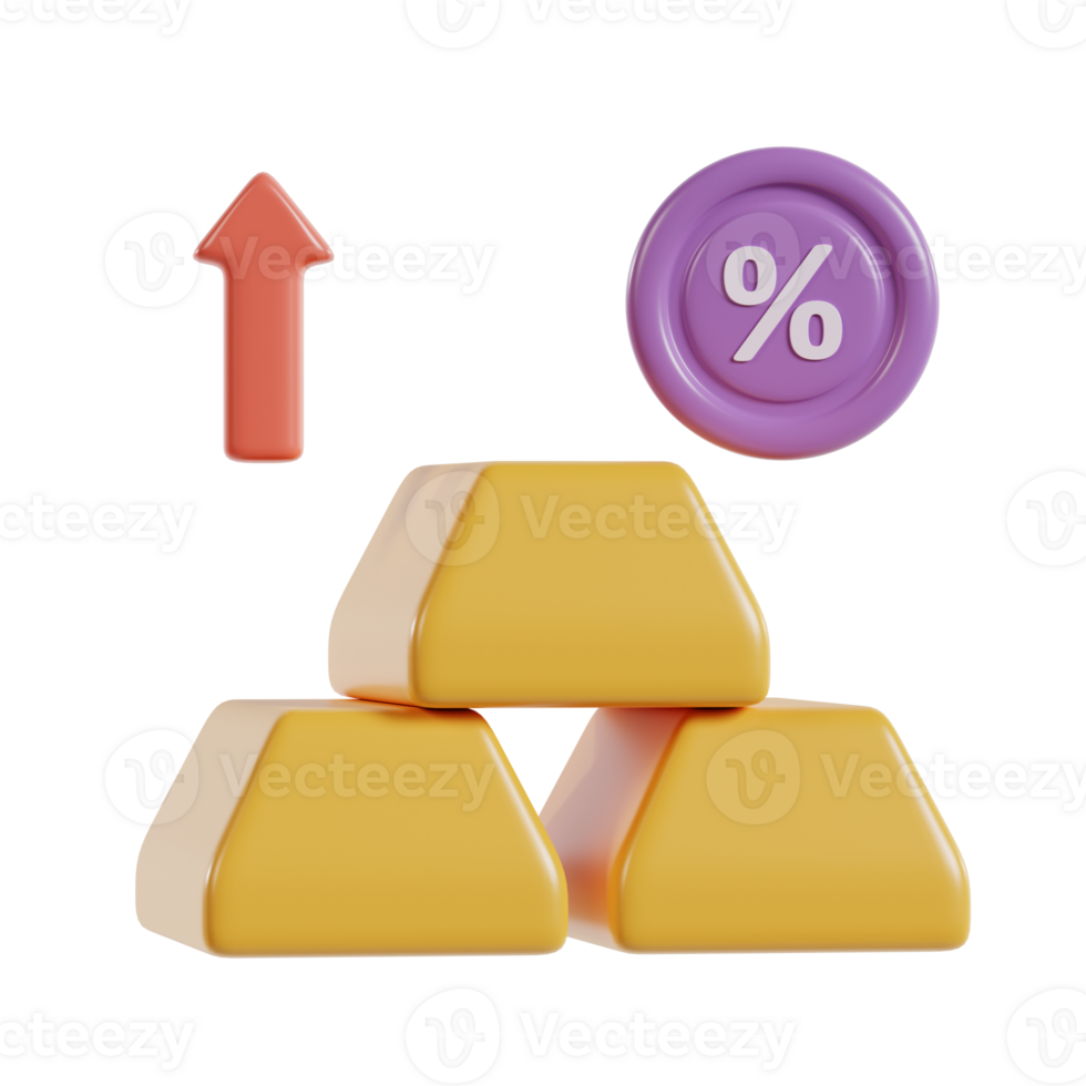 Three gold bars with an upward arrow and a percentage symbol, symbolizing investment growth. png
