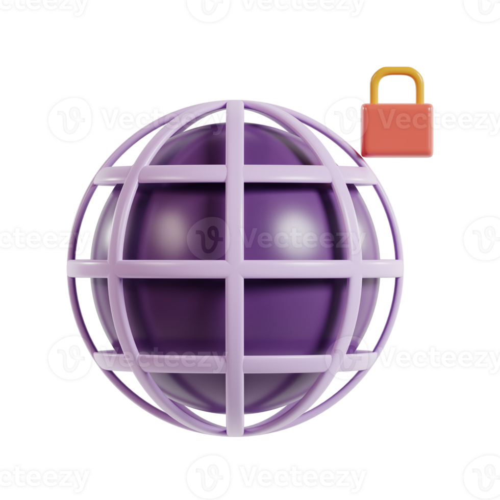 A 3D globe with a lock symbol, representing internet security and data protection. png