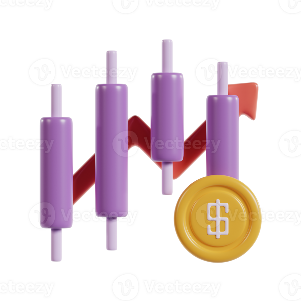 A graphic representation of a stock market trend with candlestick charts and a coin symbol. png