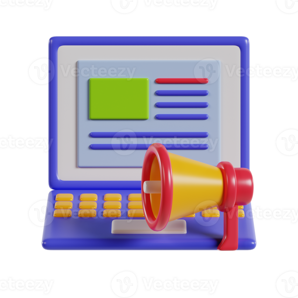 A stylized computer with a megaphone, symbolizing communication and digital marketing. png