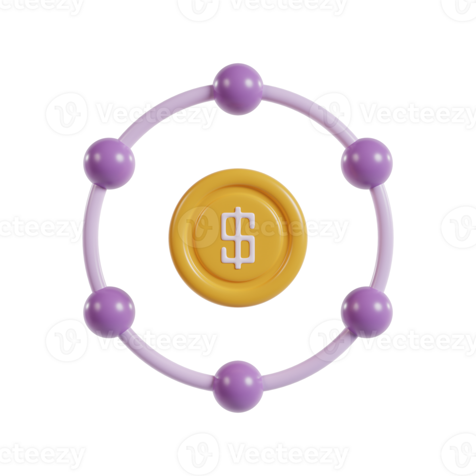 A stylized representation of a currency symbol surrounded by atoms, symbolizing finance and economy. png