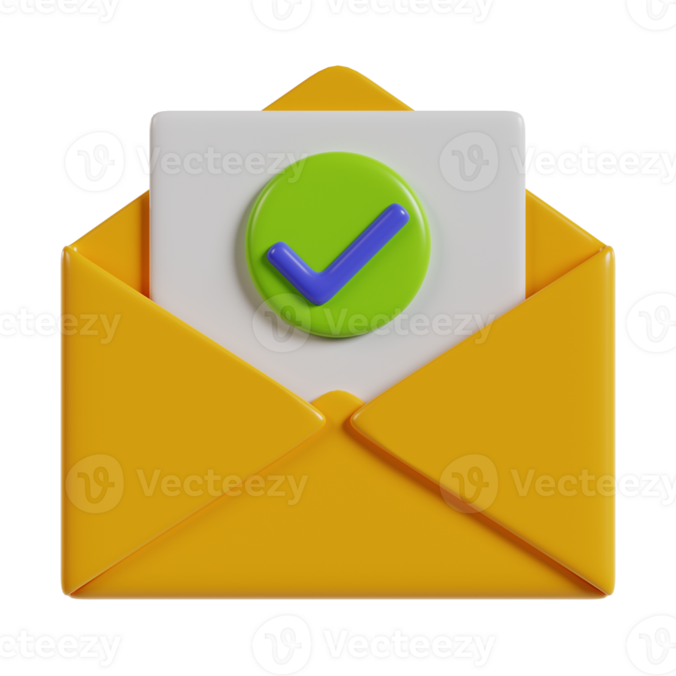 A 3D illustration of a yellow envelope with a checkmark, symbolizing message delivery confirmation. png