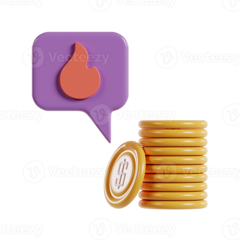 A stack of coins next to a speech bubble with a flame icon, symbolizing financial growth or trends. png