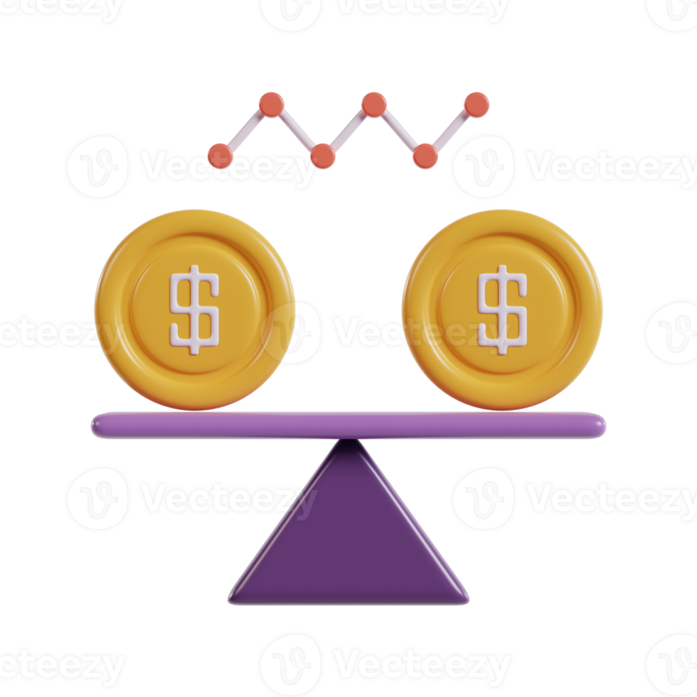 A balance scale featuring coins and a graph, symbolizing financial analysis and stability. png
