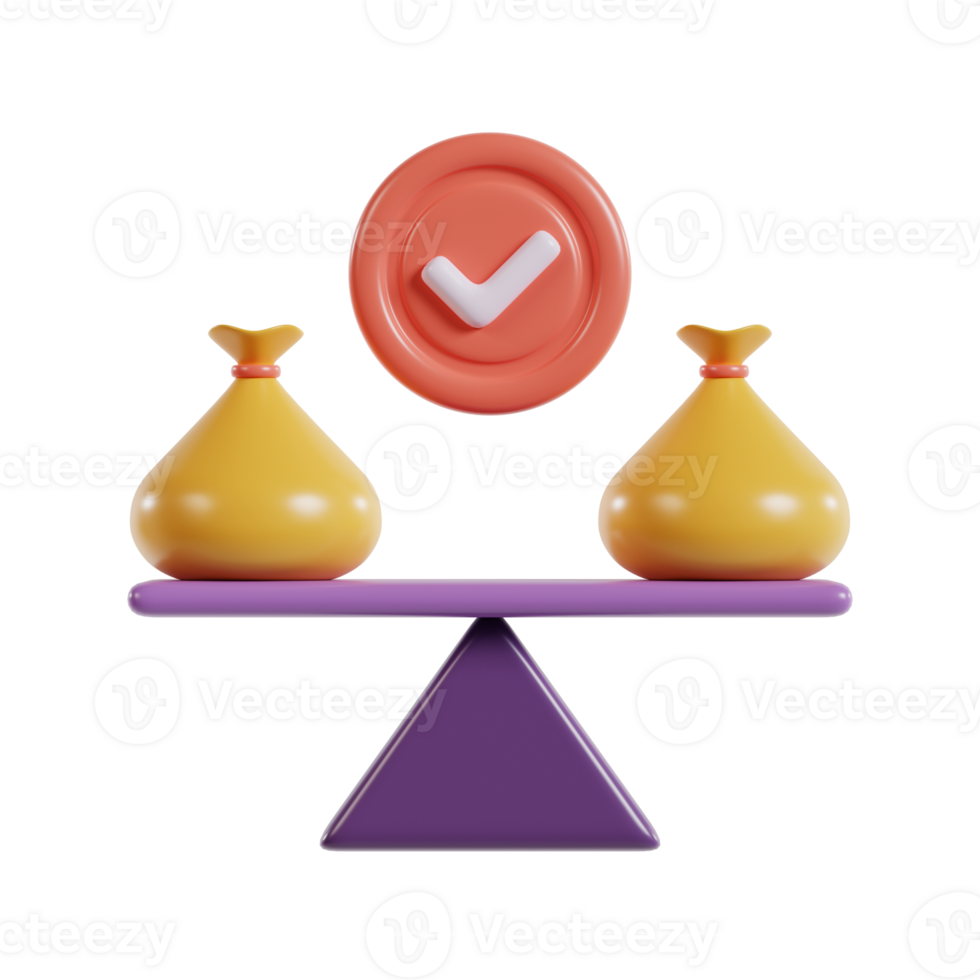 A balanced scale with two bags and a checkmark symbolizing decision-making or evaluation. png