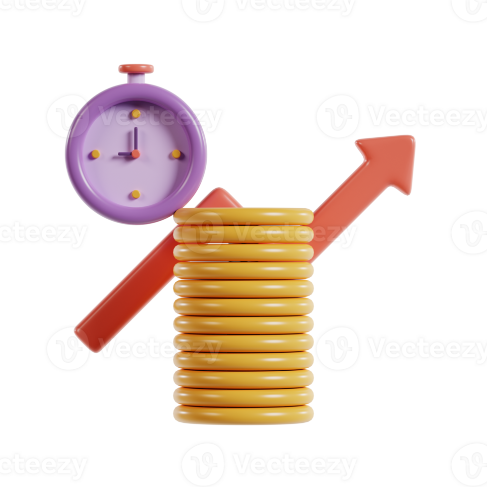 A stylized illustration of a clock, coins, and an upward arrow representing growth and time management. png
