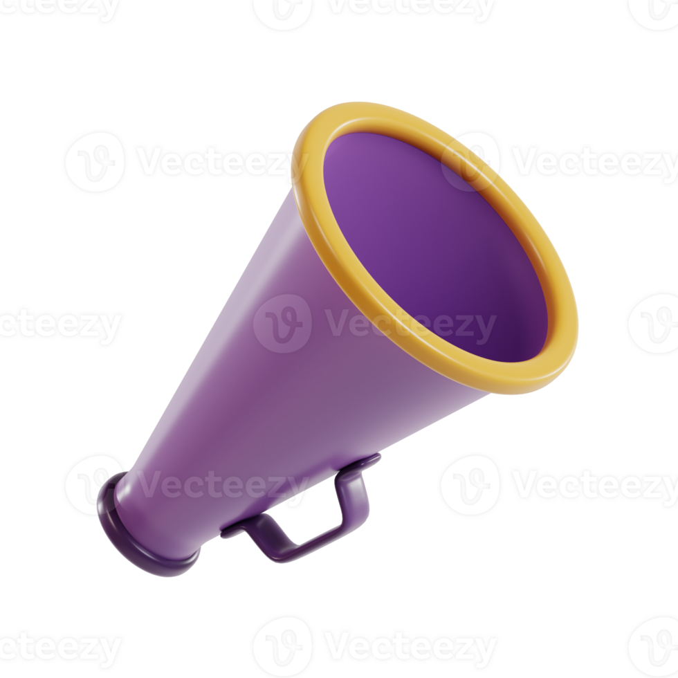A purple megaphone with a yellow rim, used for amplifying sound and communication. png