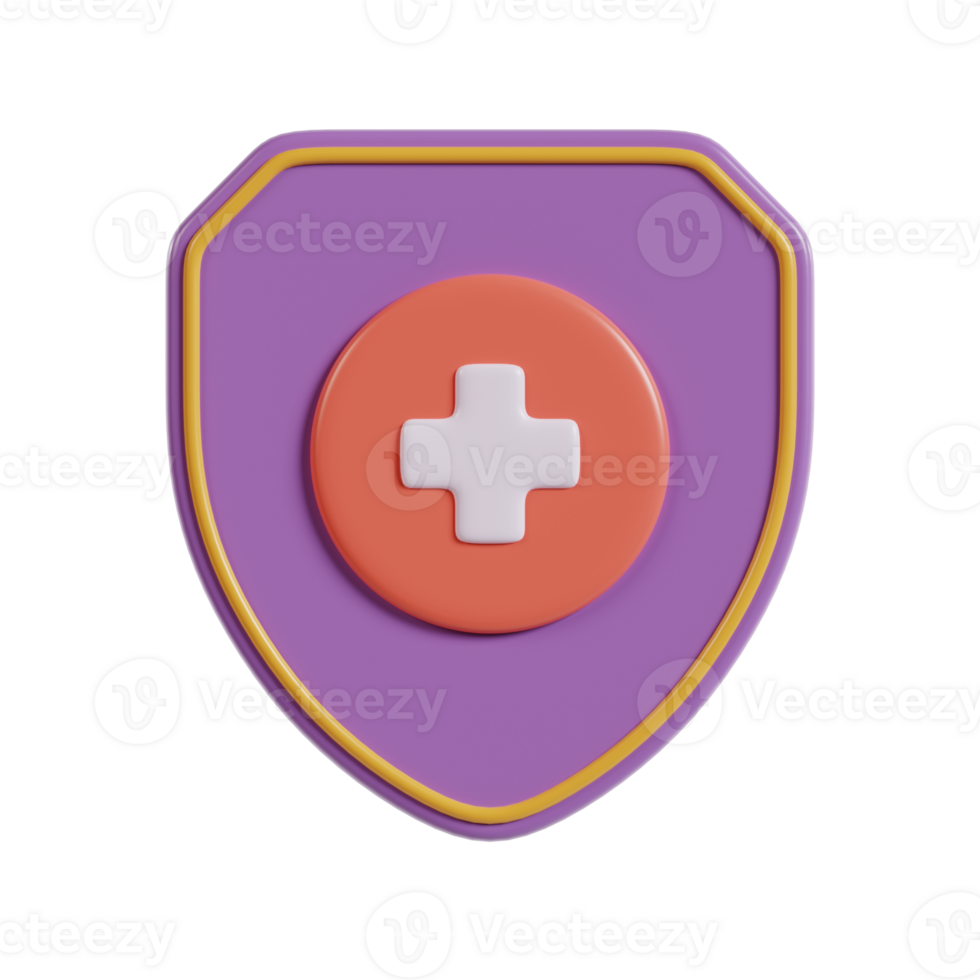 A stylized purple shield with a central red button featuring a white cross, symbolizing health or safety. png