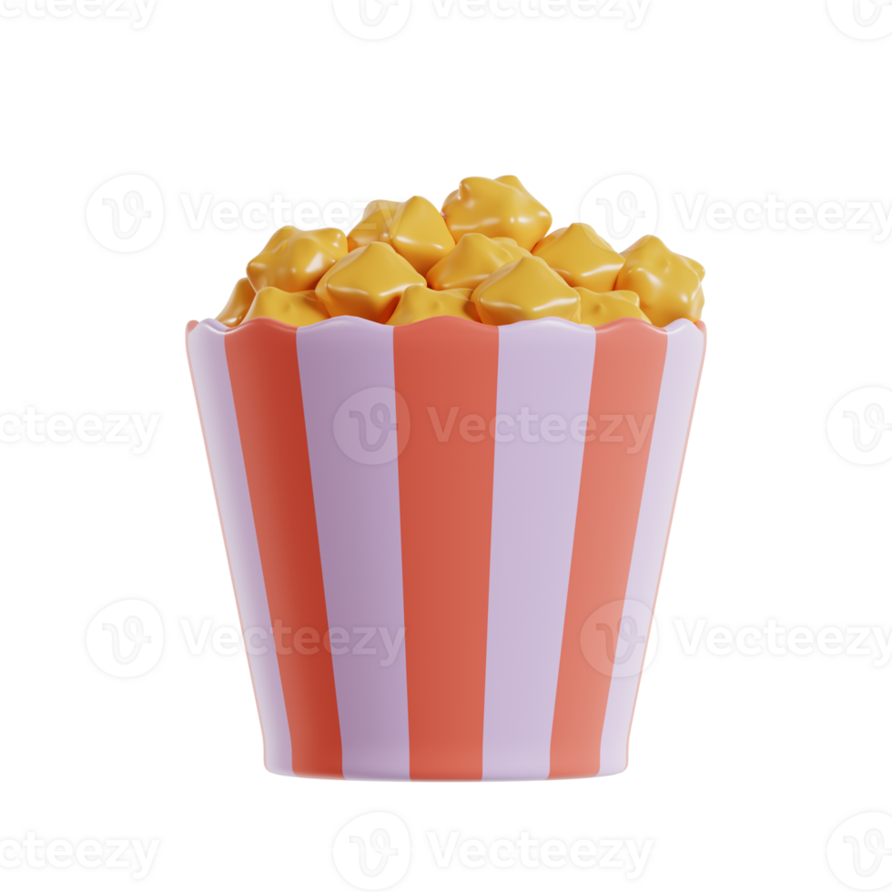 A colorful popcorn container filled with popcorn, ideal for snacking during movies. png