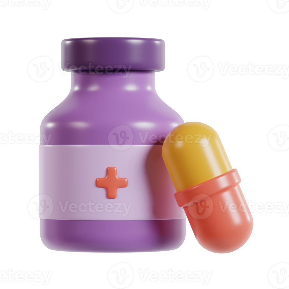 A stylized purple medicine bottle with a colorful capsule beside it. png