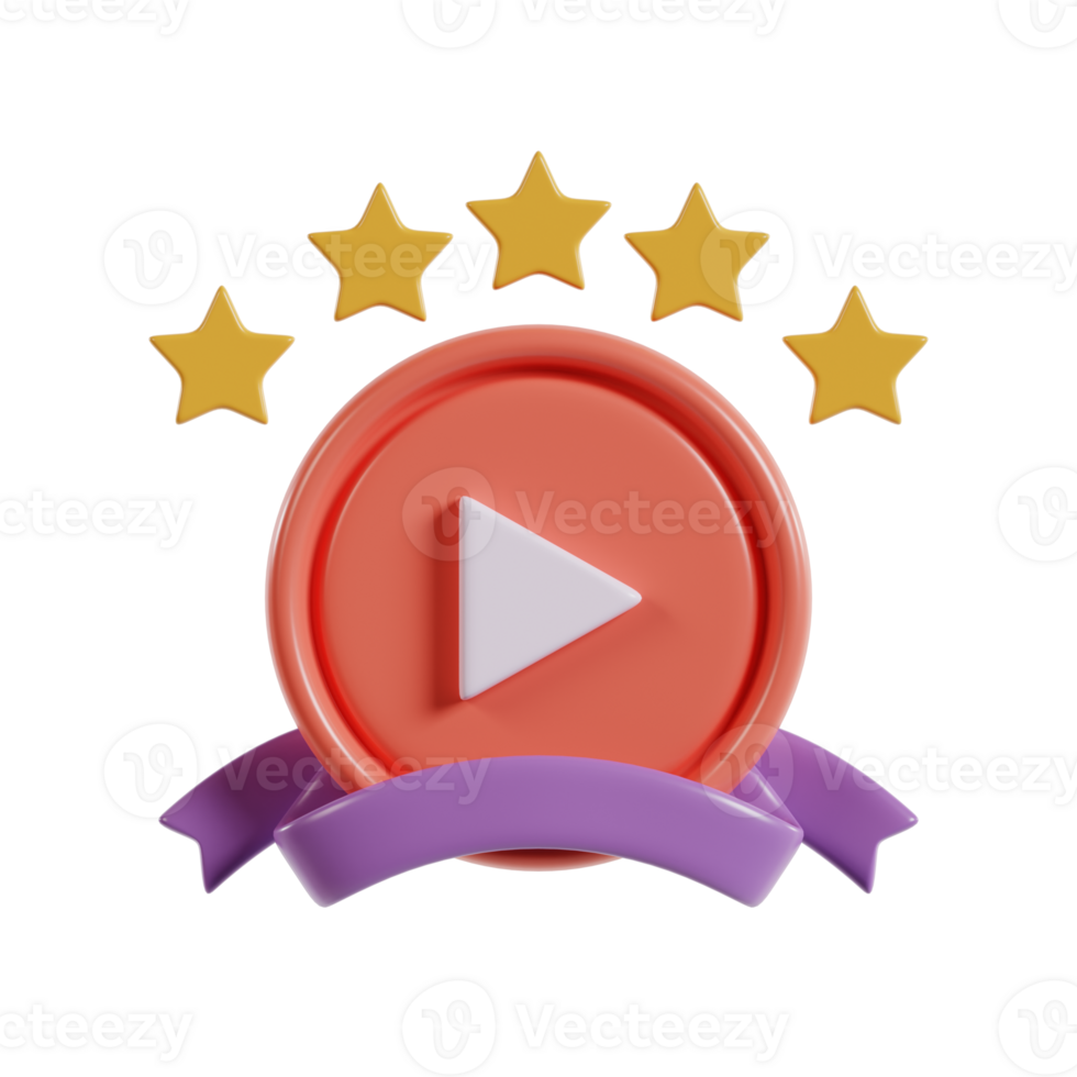 A stylized award badge featuring a play button and five stars, symbolizing excellence in media. png