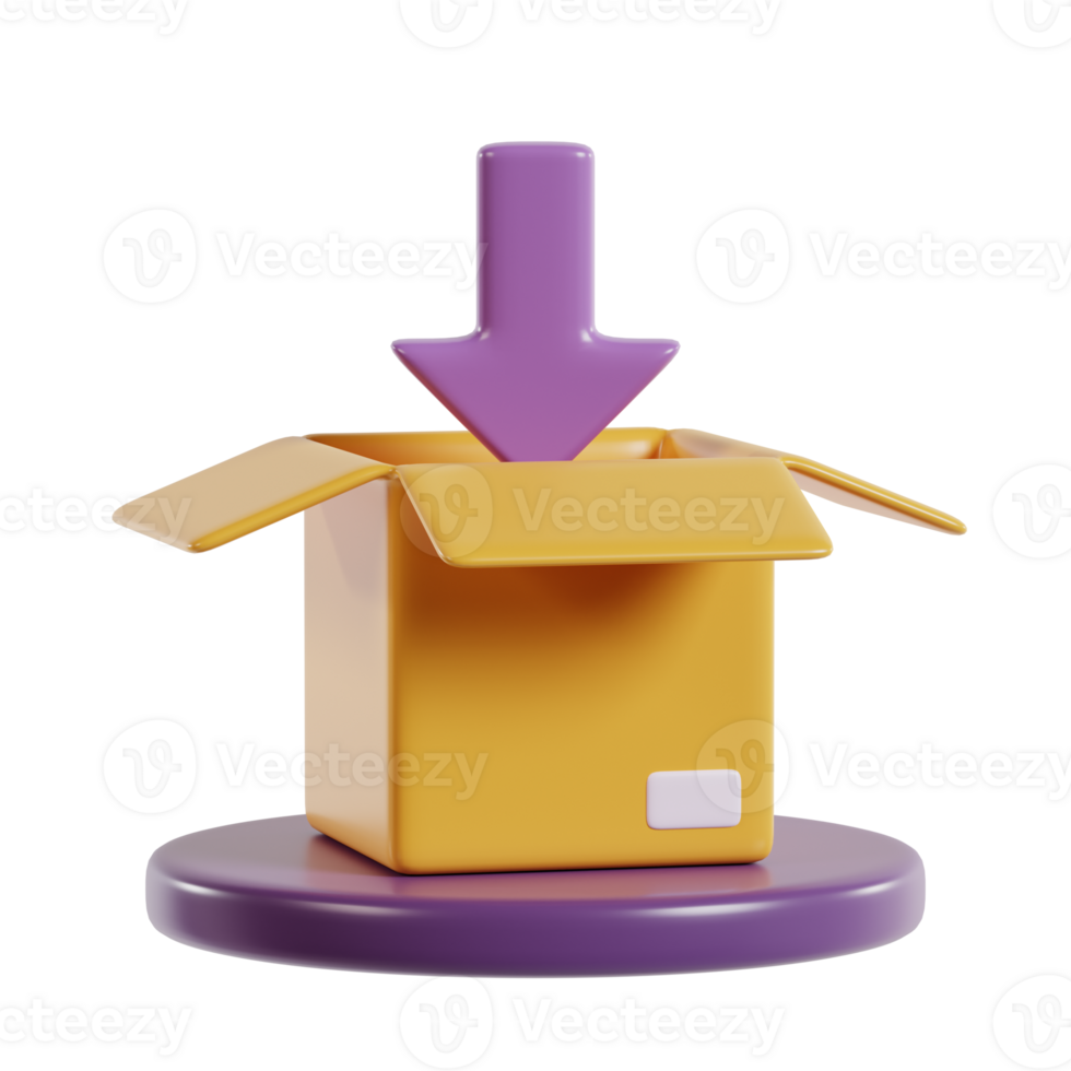 A 3D illustration of a yellow box with an arrow pointing down, symbolizing package delivery. png