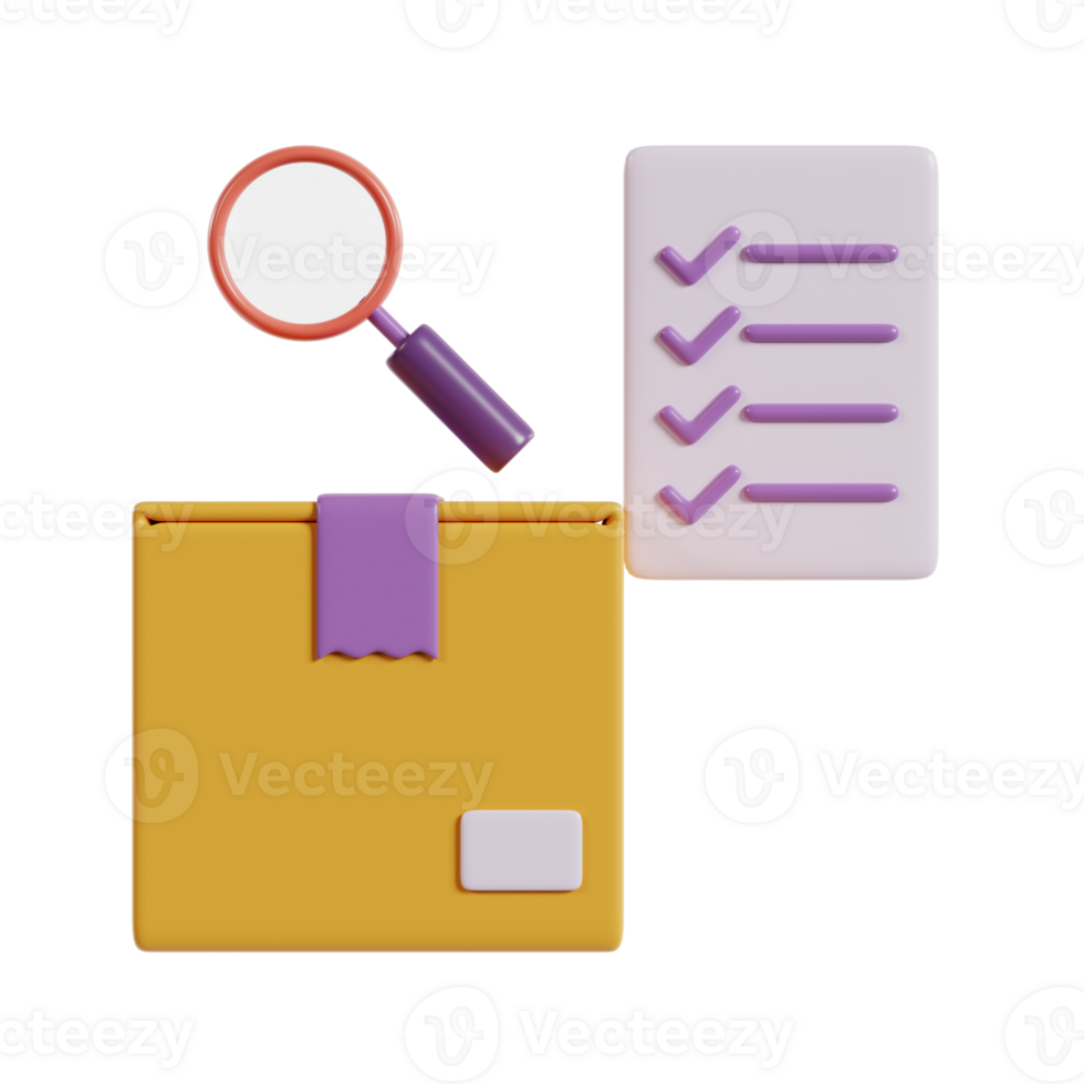 A package with a checklist and magnifying glass, symbolizing inspection and organization. png