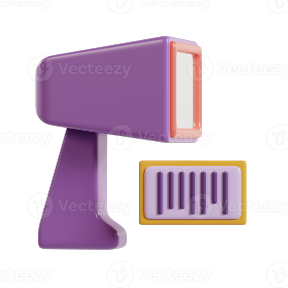 A purple barcode scanner next to a barcode label, representing retail technology. png