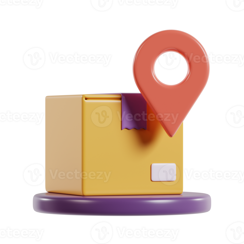 A 3D representation of a delivery box with a location pin, symbolizing shipping and tracking. png
