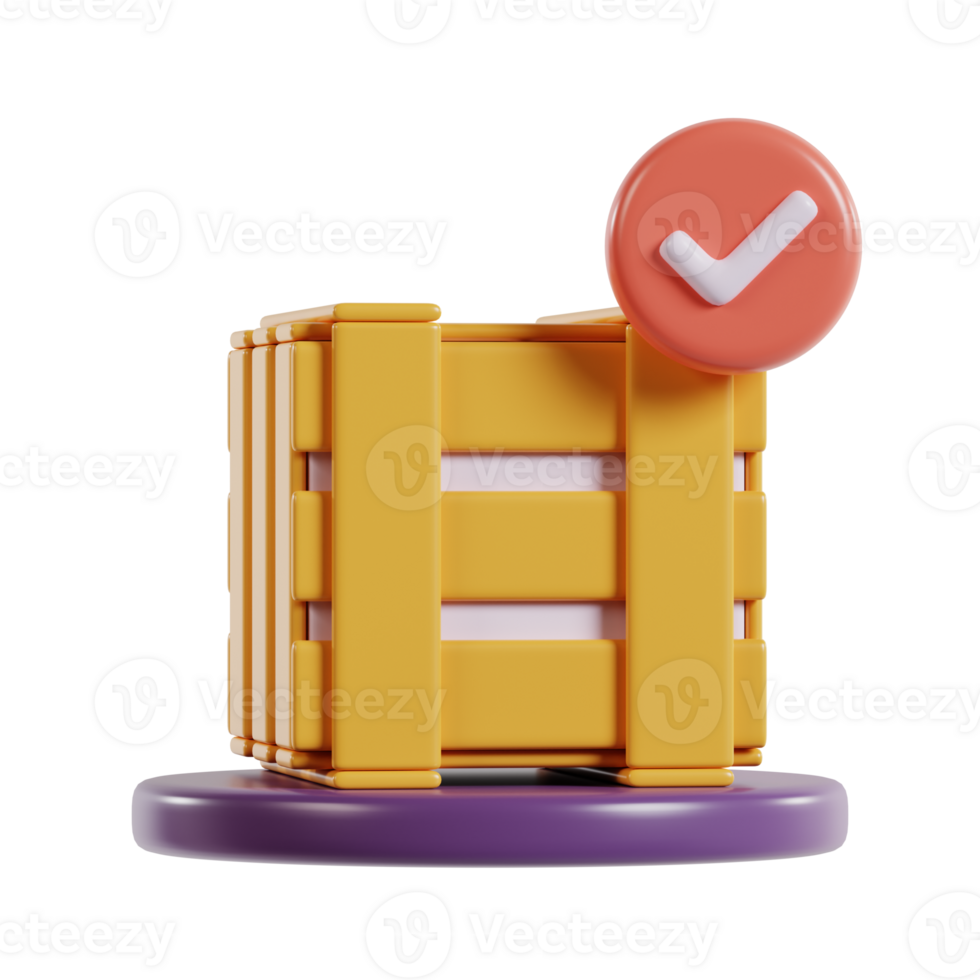 A 3D illustration of a yellow crate with a checkmark, symbolizing completion or approval. png