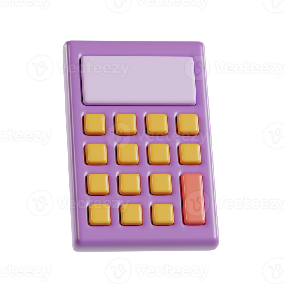 A purple calculator with yellow buttons, designed for basic arithmetic functions. png