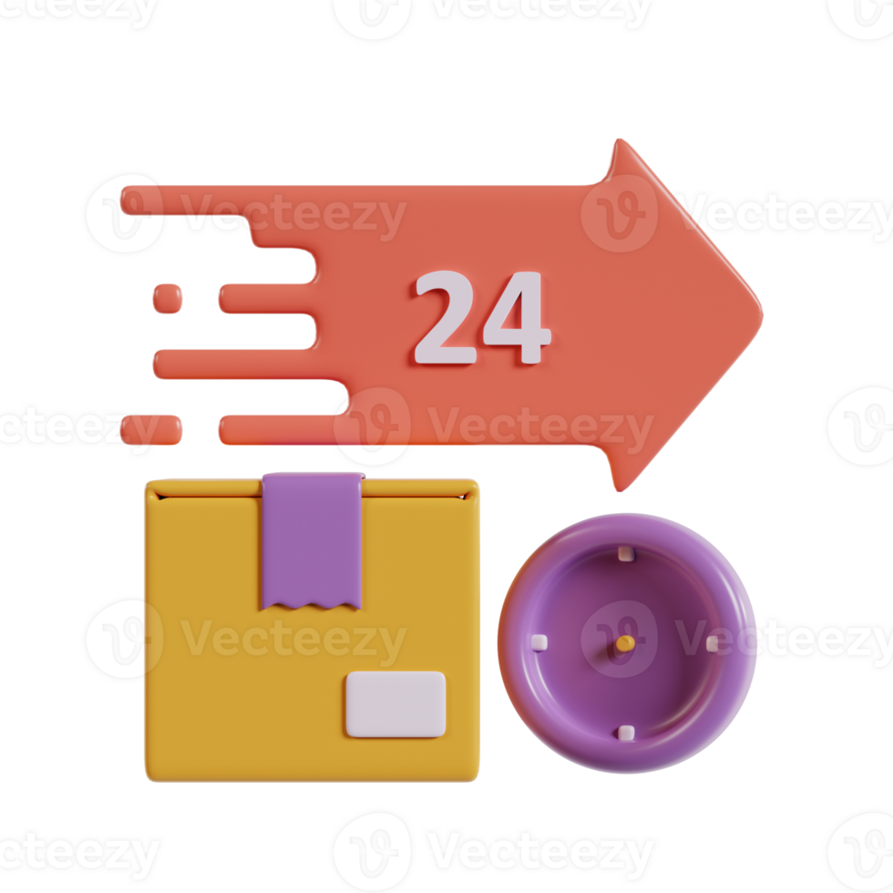 A graphic depicting fast delivery with a package, clock, and the number 24. png