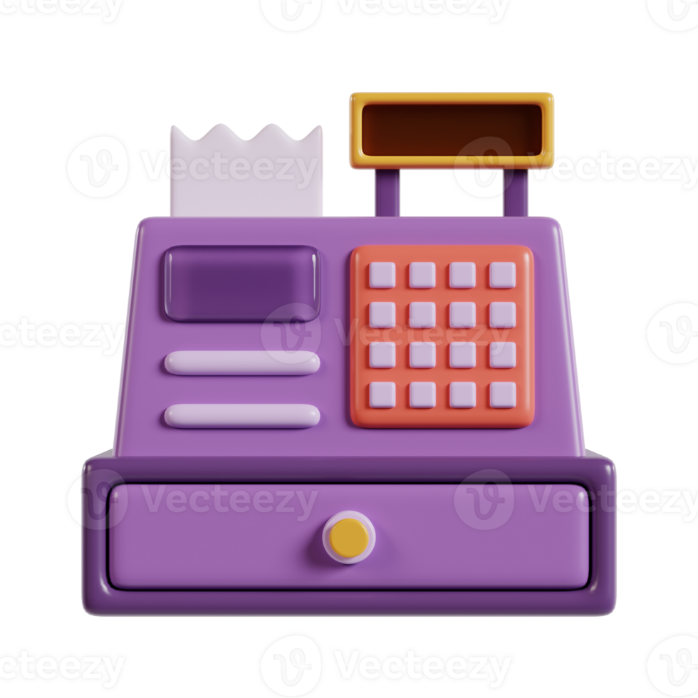 A colorful, cartoonish cash register with buttons and a drawer, used for transactions. png