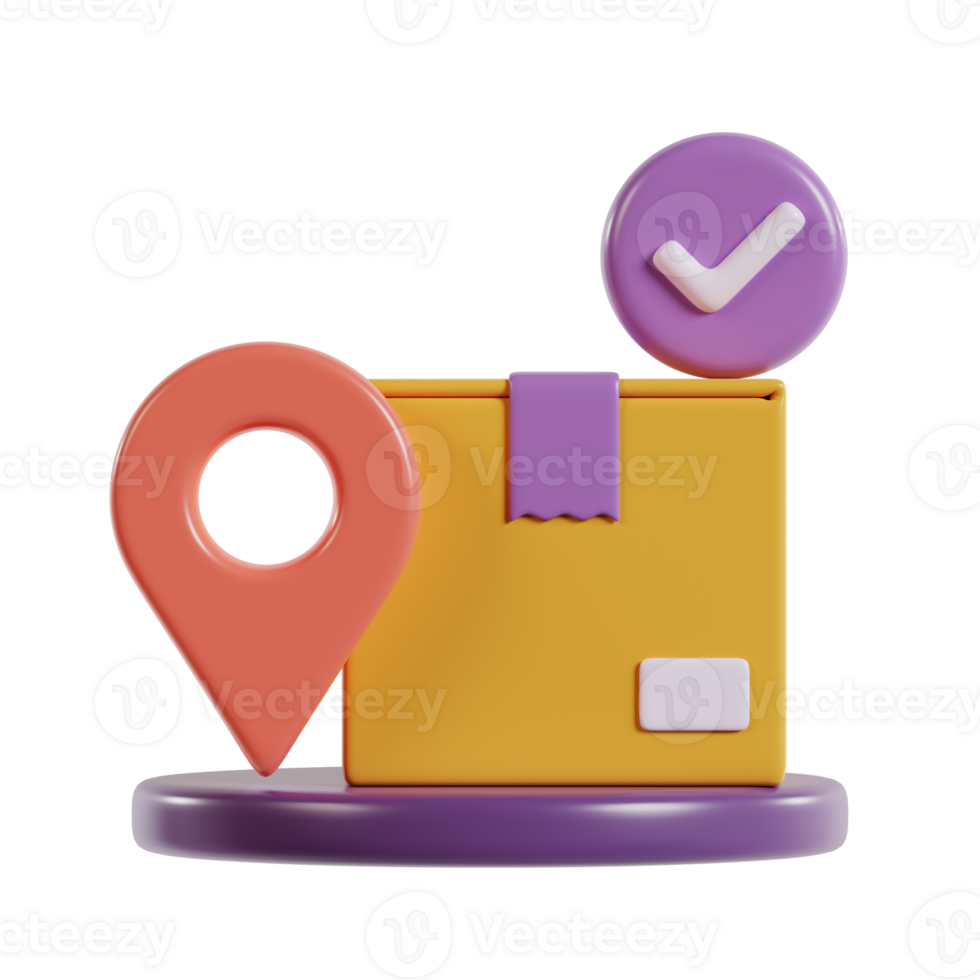 A 3D illustration of a package with a location pin and a checkmark symbolizing delivery tracking. png