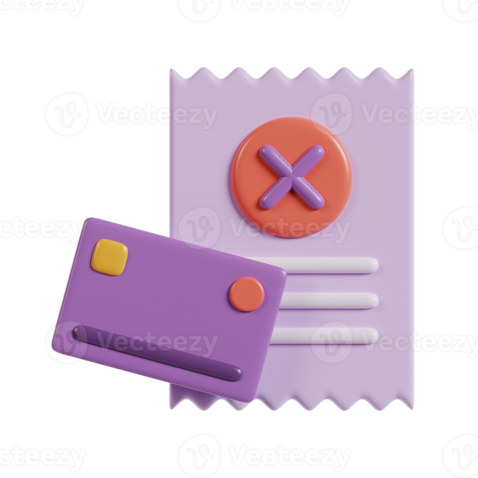 A stylized illustration of a document with a rejection mark and a credit card. png