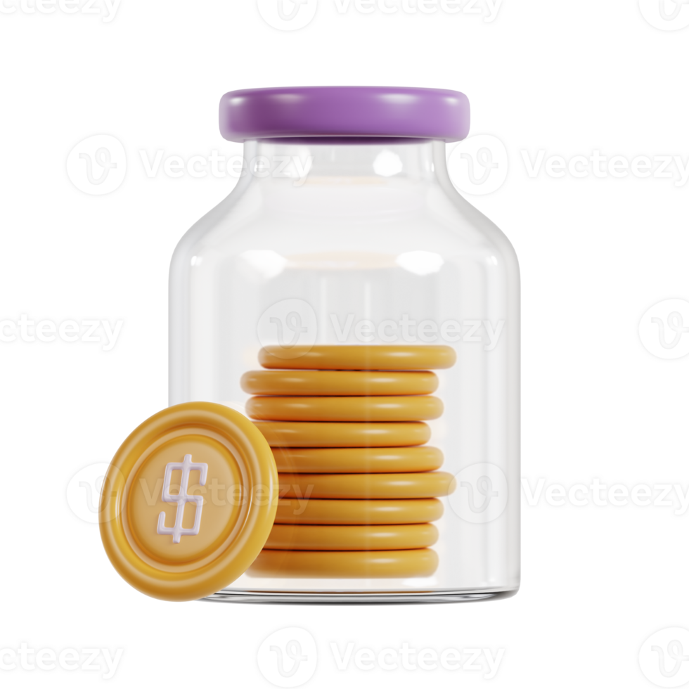 A transparent jar filled with yellow coins, symbolizing savings and financial growth. png