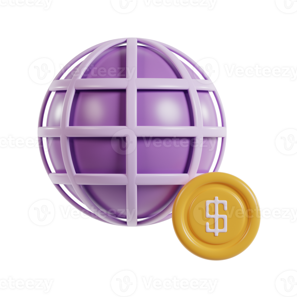 A stylized globe with a grid pattern and a dollar coin, symbolizing global finance. png