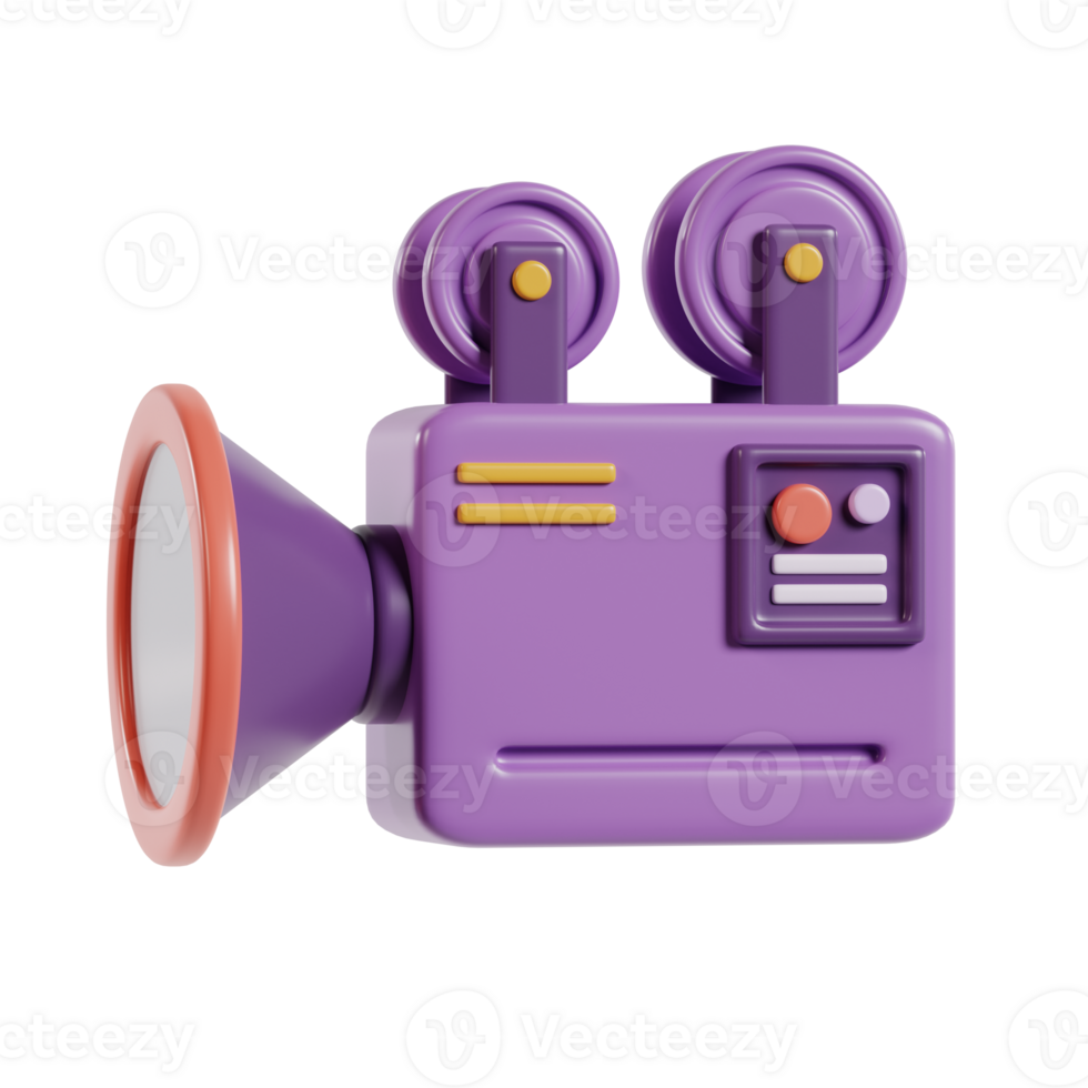 A stylized purple film camera with a speaker, representing filmmaking and media production. png