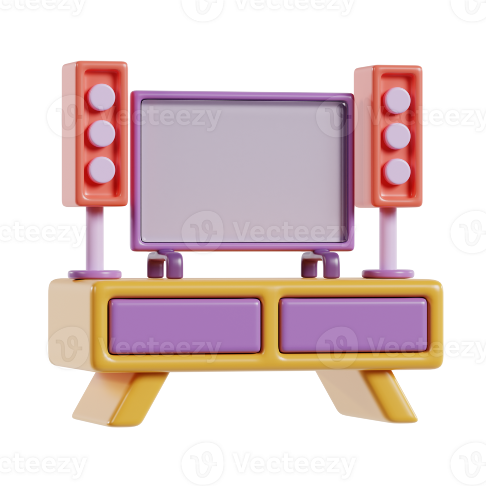 A colorful, stylized television set with speakers on a modern stand. png