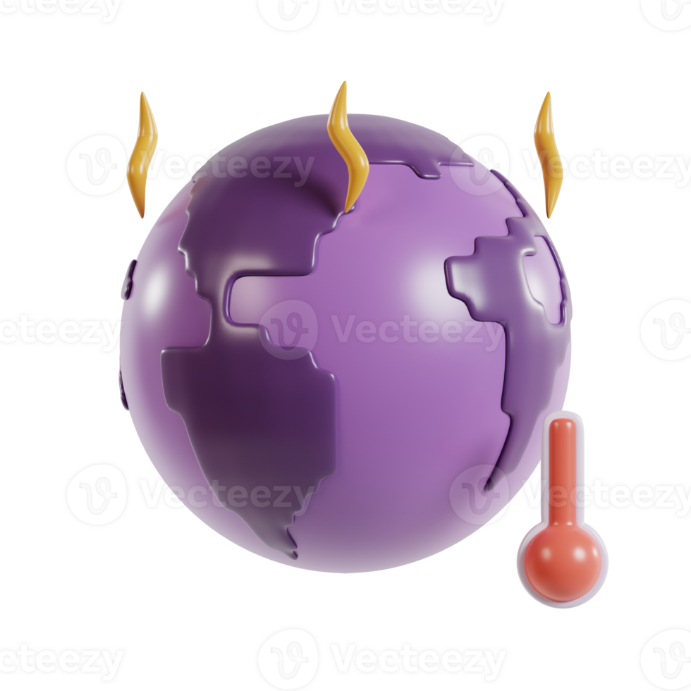 A stylized purple globe with heat waves and a thermometer, symbolizing global warming. png