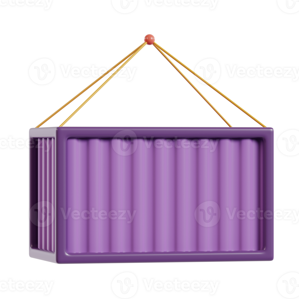 A purple shipping container suspended by colorful ropes, possibly for display or decoration. png