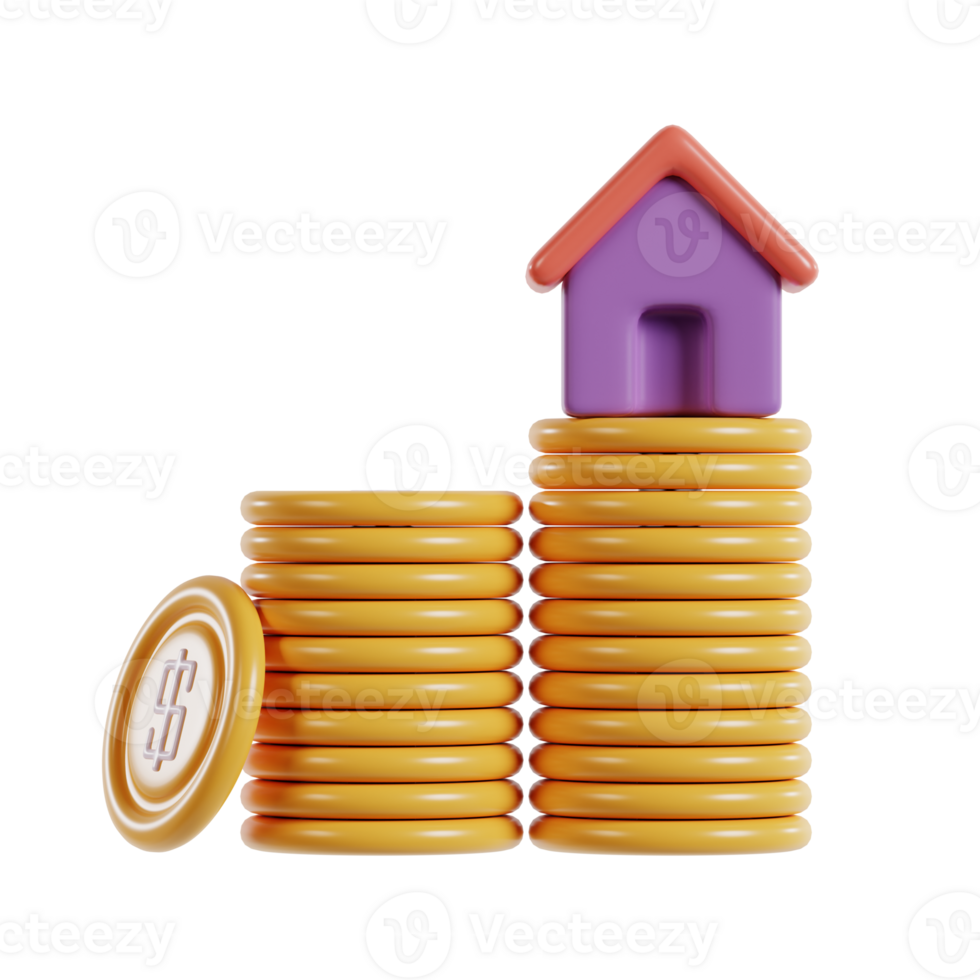 A stack of coins beside a house model, symbolizing investment and real estate. png