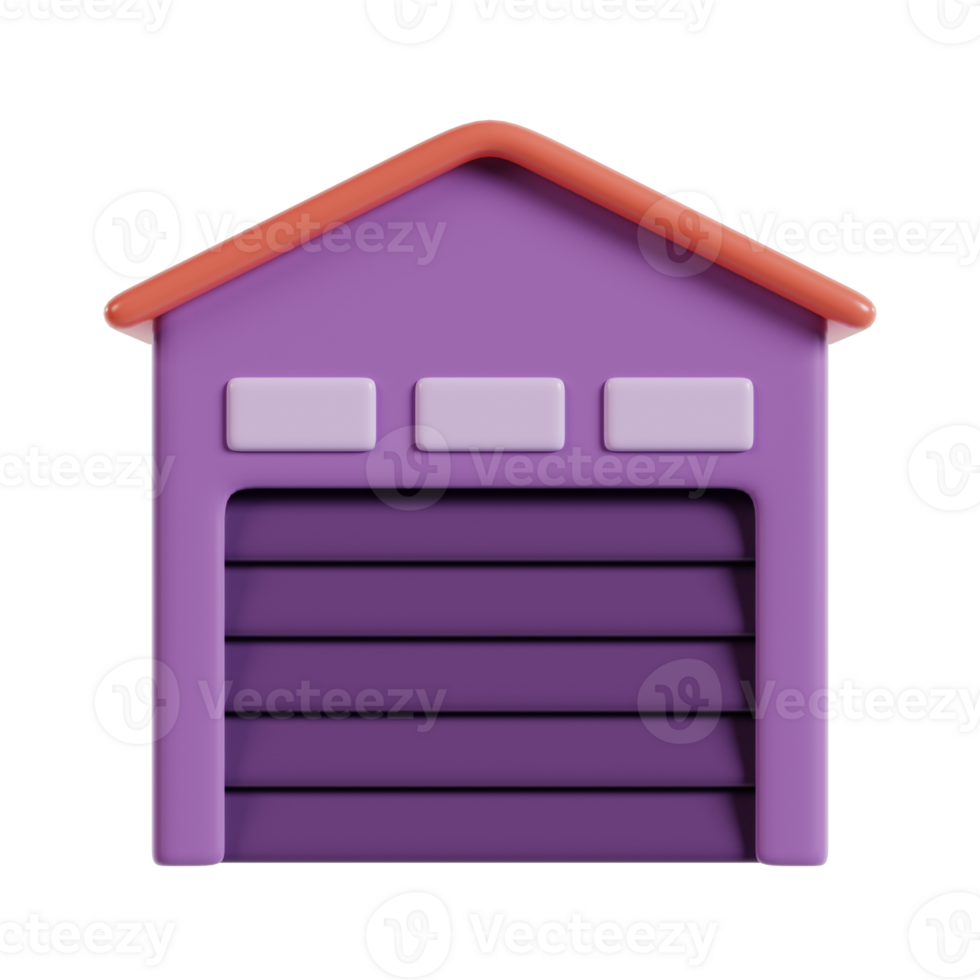 A purple garage with a red roof and horizontal slats, designed for storage or vehicle parking. png